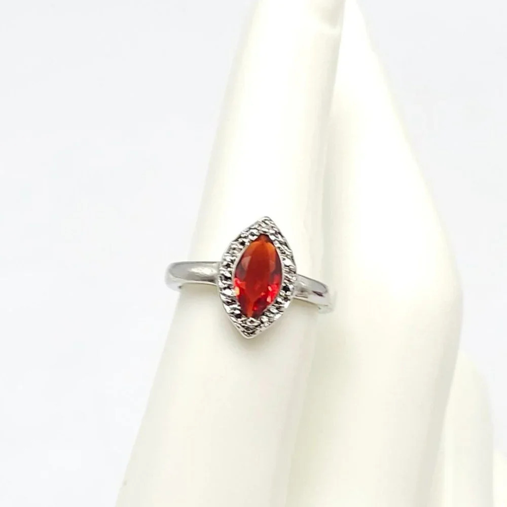 Marquise-Cut Red Glass Rhinestone Cocktail Ring Silver Tone Vintage Size 6